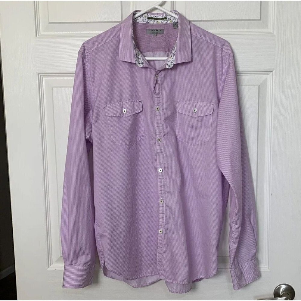 Ted Baker London Women’s Size 6 Button Shirt Purple White Stripes Floral